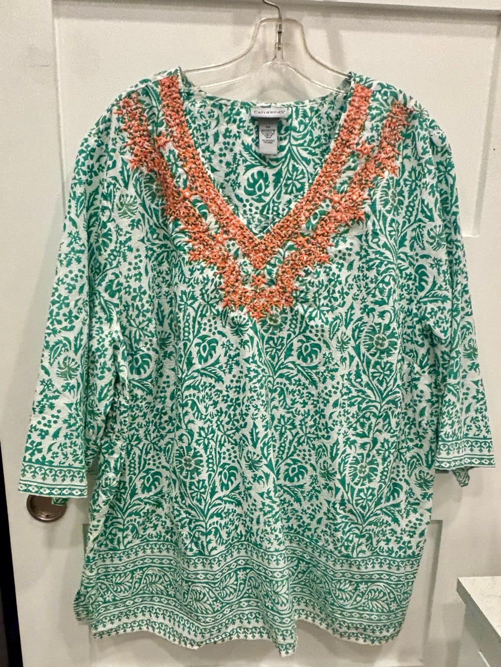 Catherines Green & Coral Printed and Embroidered V-Neck Tunic
